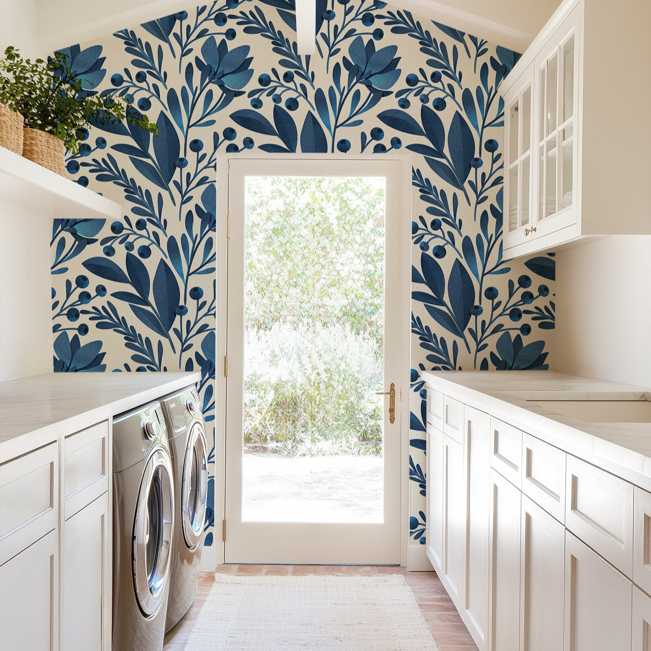 Navy Blue Flowers and Leaves Wallpaper