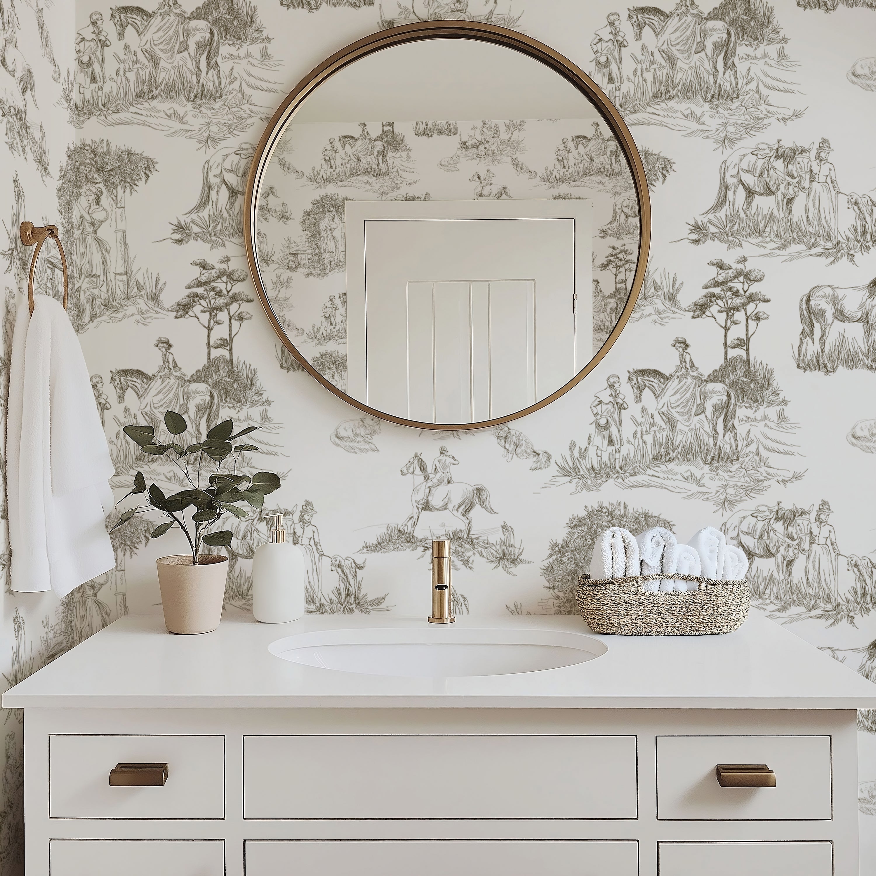 Luxury French Toile Wallpaper - Elegant Vintage Horse & Equestrian Wallcovering