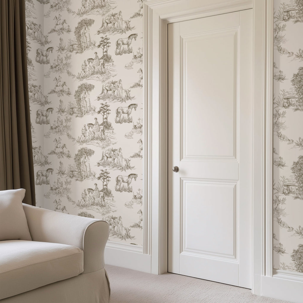 Luxury French Toile Wallpaper - Elegant Vintage Horse & Equestrian Wallcovering