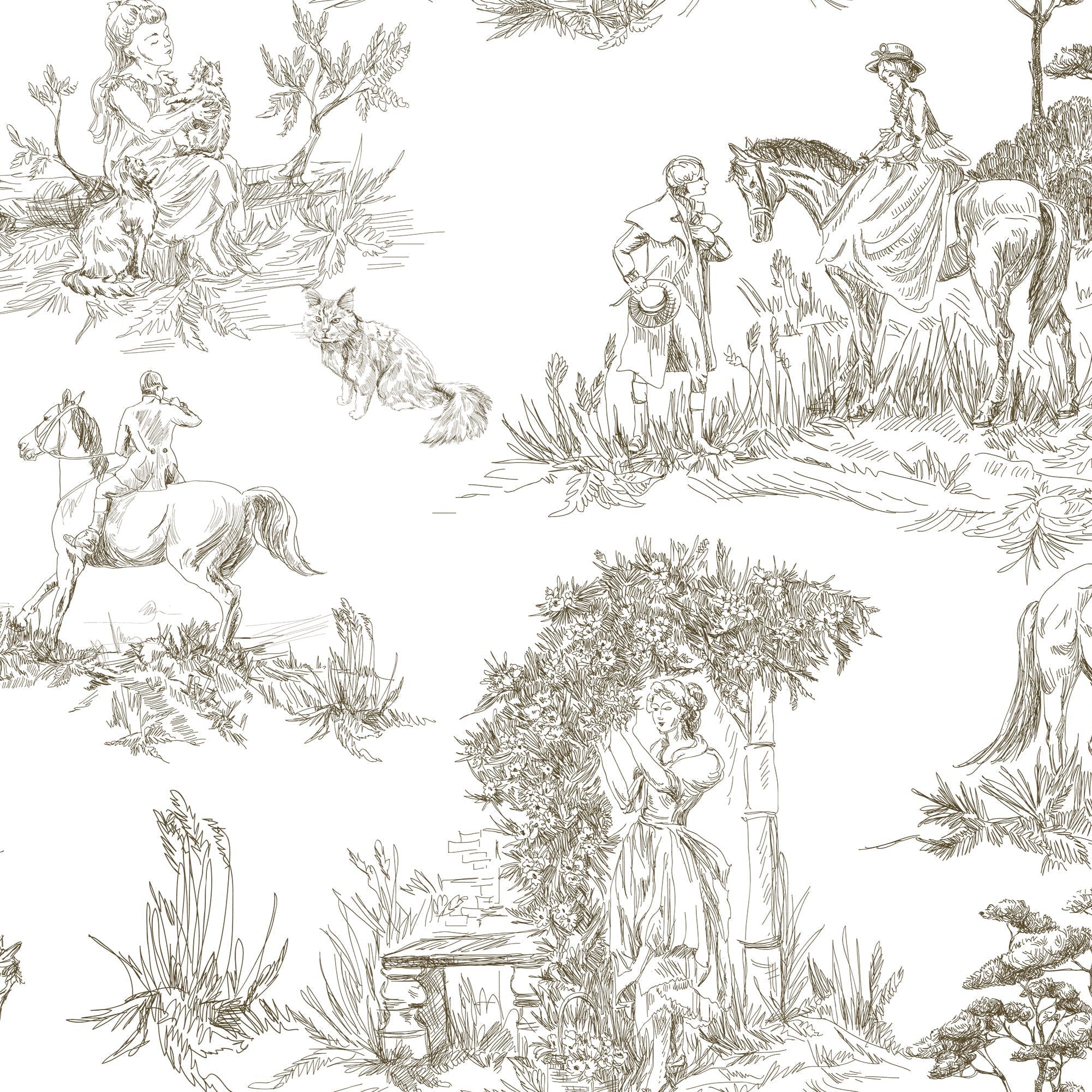 Luxury French Toile Wallpaper - Elegant Vintage Horse & Equestrian Wallcovering