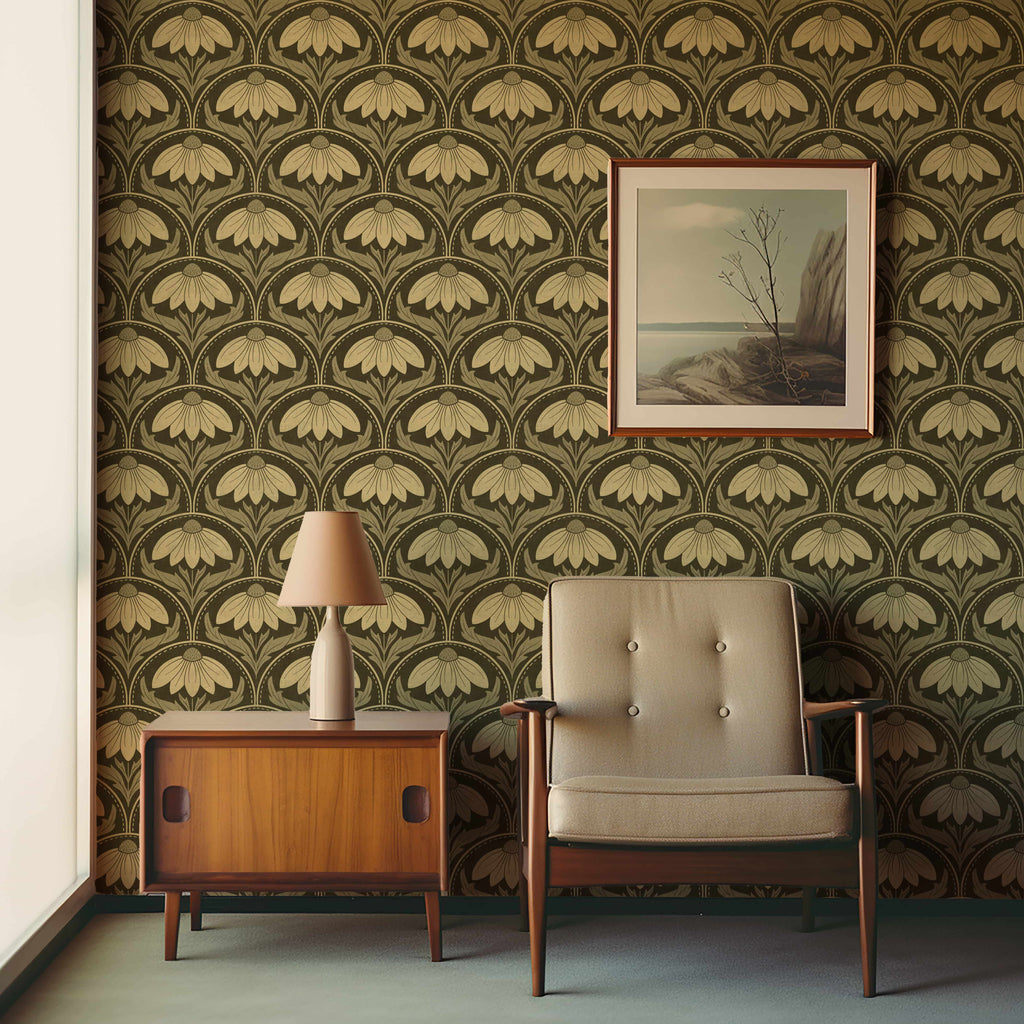 Scalloped Coneflower Wallpaper - Vintage Floral Elegance