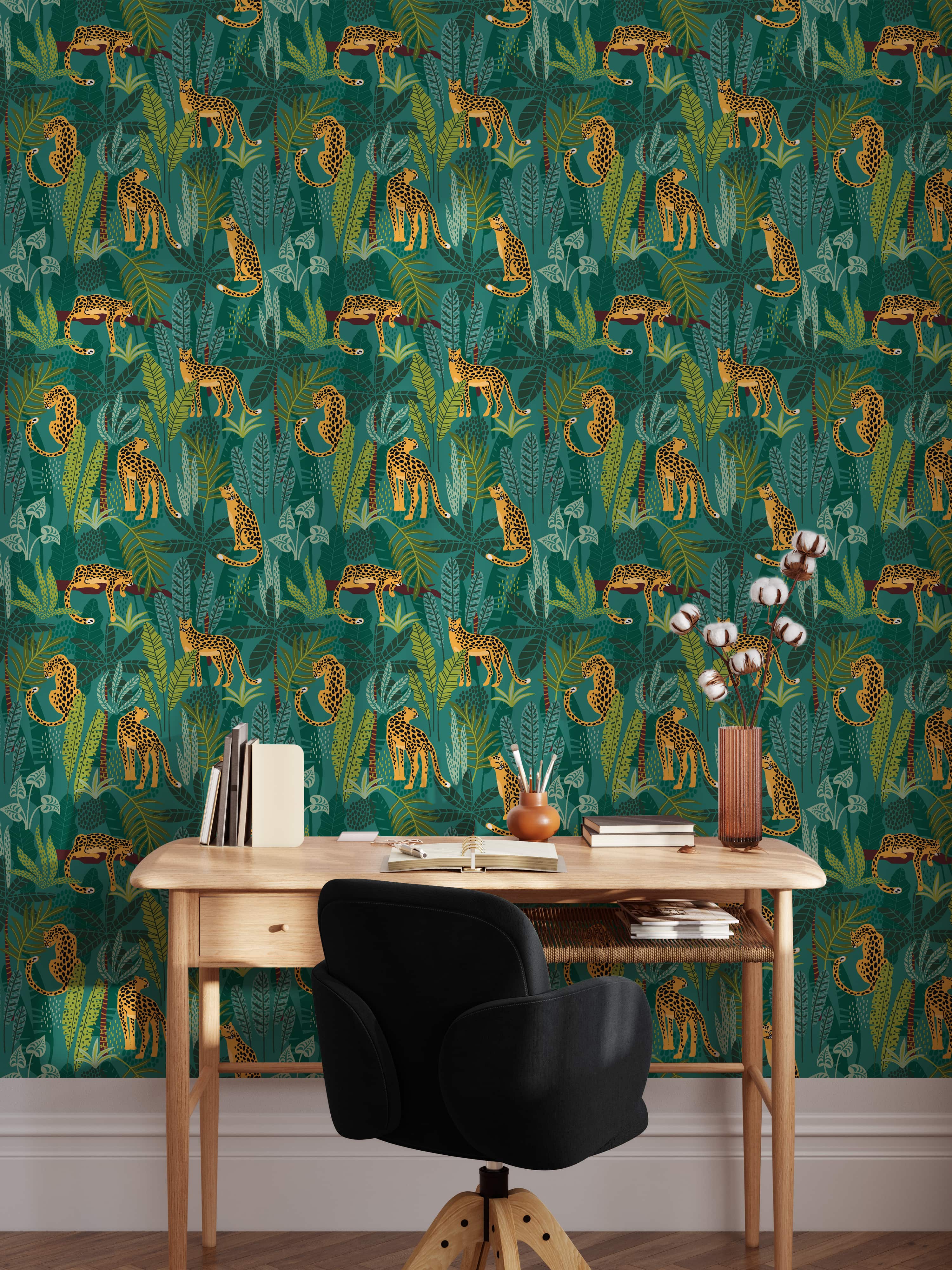 Tropical Leopard Jungle Wallpaper - Bold Leaves & Leopard Print on Green Background