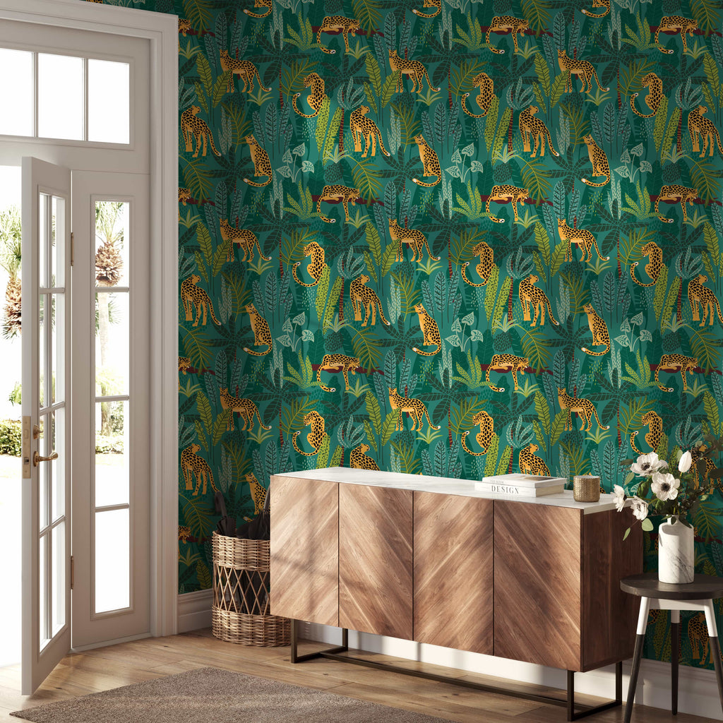 Tropical Leopard Jungle Wallpaper - Bold Leaves & Leopard Print on Green Background